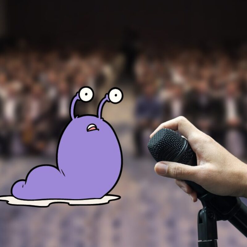 A slug by a microphone in front of an audience