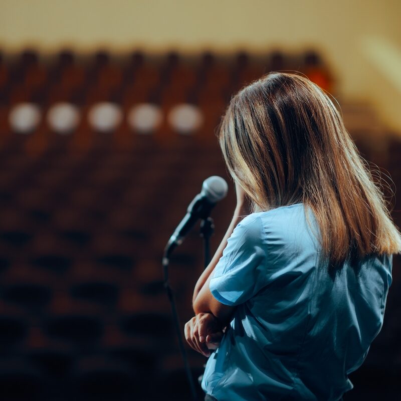 Sad,Woman,Not,Ready,To,Speak,In,Public,Rehearsing.,Unhappy