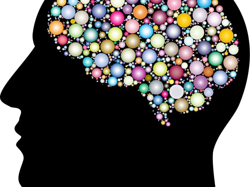 Black silhouette of a human face with brightly coloured beads inside the brain